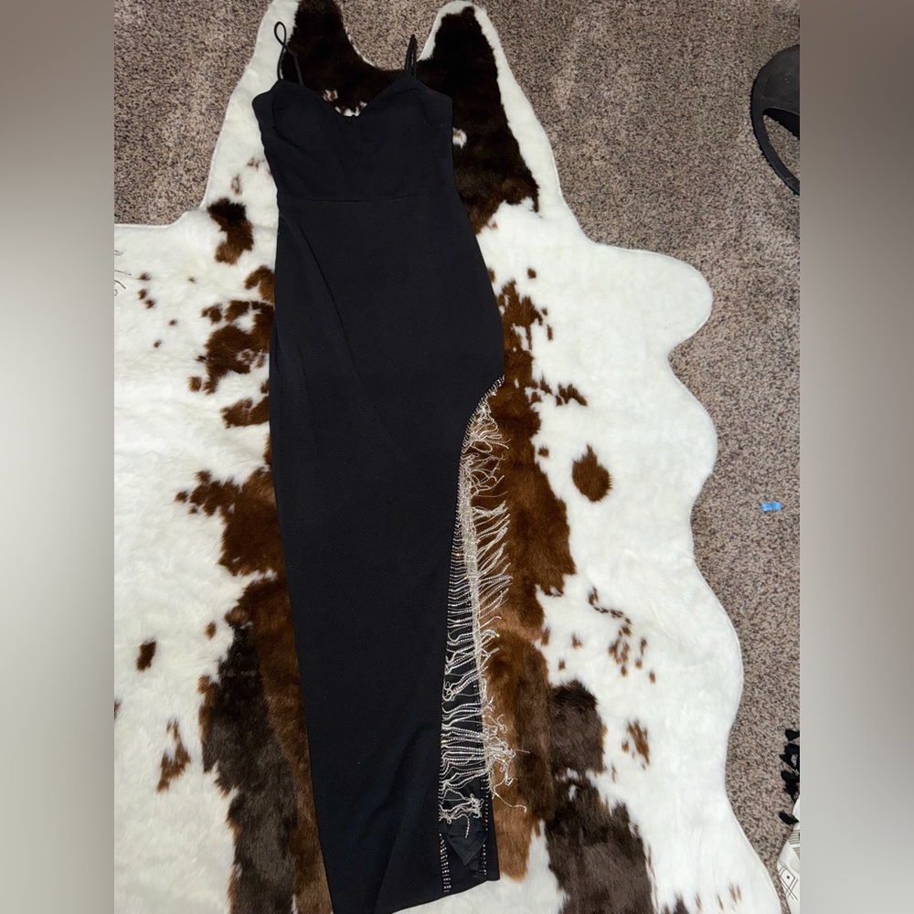 Black rhinestone fringed formal dress